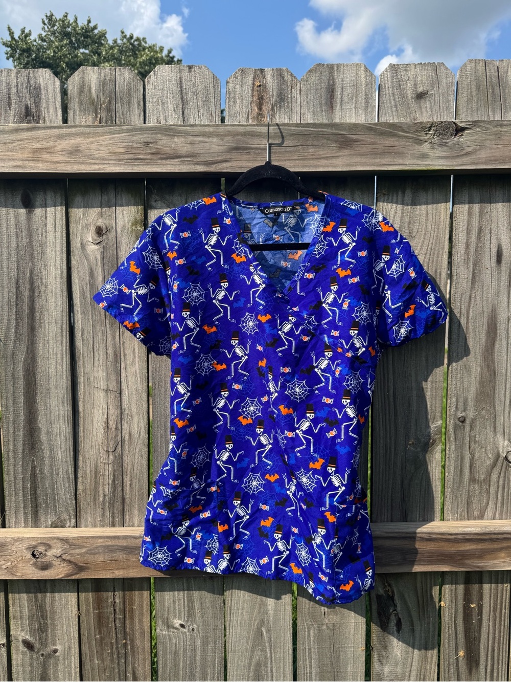Cherokee Women's Short Sleeve V-Neck Top - Royal Blue Halloween Print